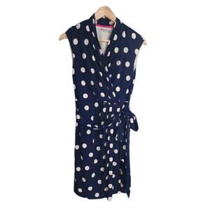 Eliza J Dress 2 Navy Blue White Polka Dots Pleated V Neck Belted Sleeveless Mini